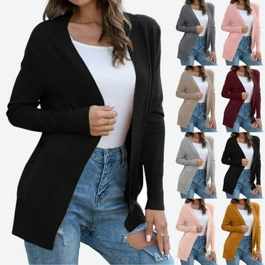 ATOYSOY Women's Solid Color Strip Pocket Knit Cardigan Jacket Duster Sweater Cardigan Workout Cardigan for Women Beige L