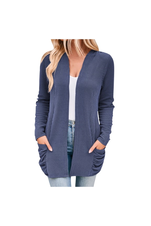 Women's Solid Color Strip Pocket Knit Cardigan Jacket Duster Sweater Cardigan Workout Cardigan for Women Blue XL