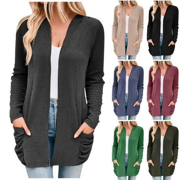 ATOYSOY Women's Solid Color Strip Pocket Knit Cardigan Jacket Duster Sweater Cardigan Workout Cardigan for Women Green L