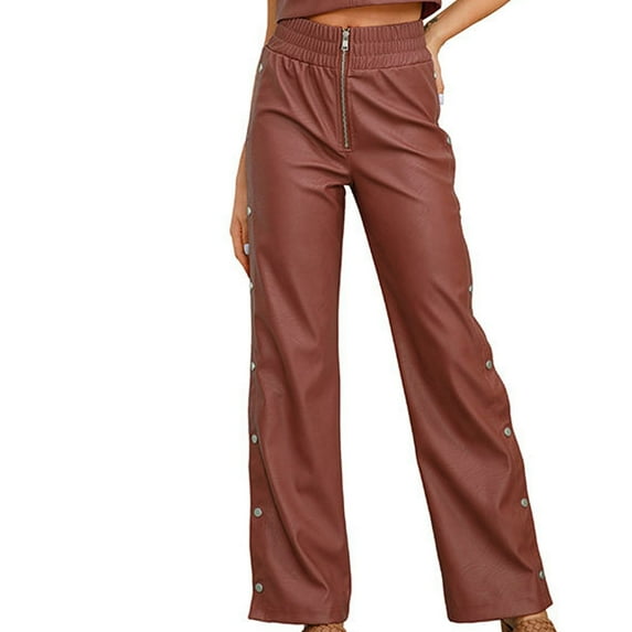 ATOYSOY Women's Solid Color Sweatpants High Waist Zipper Button Trendy Pants Retro Activewear Leather Wide Leg Pants Casual Workout Business Dress Pants Trousers Brown M