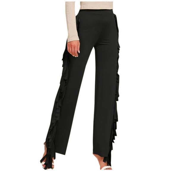 ATOYSOY Women's Solid Color Tassels Sweatpants Retro Trousers Casual Workout Palazzo Pants Wide Leg Skinny Pants High Waist Trendy Pants Ruffle Patchwork Black S