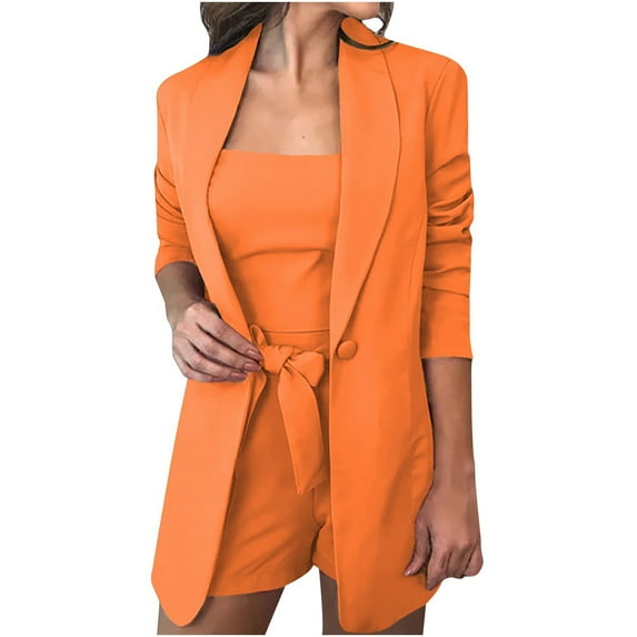 ATOYSOY Women's Solid Work Coat Tank Tops Plus Size 3Pc Blazer Suit Sets Dress Shorts Trendy Business Attire Casual Outfits Lapel Open Front Jacket Long Sleeve Cardigan Orange XXXL