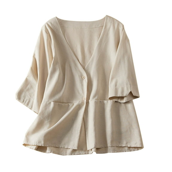 ATOYSOY Women's Summer Blazer Suit with Pockets Versatile V Neck Open Front Jacket Retro Short Sleeve Button Front Cardigan Solid Work Coat Trendy Business Attire Casual Yellow XL