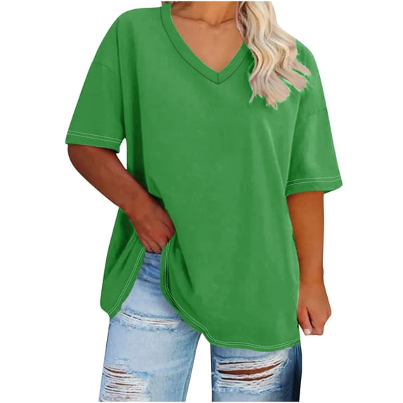 ATOYSOY Women's Summer Plus Size Tops Fashion Workout Solid Color Loose Pullover Dressy V Neck Blouses Casual Tunic Retro Activewear Short Sleeve Basic Tees Green XL