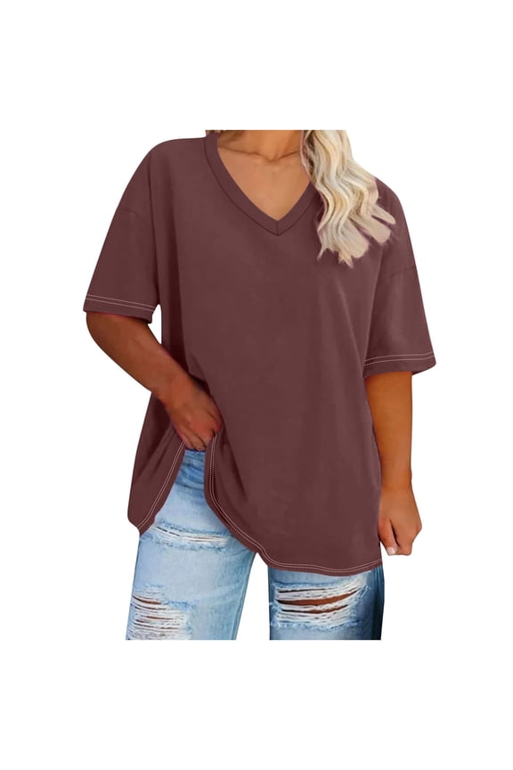 Women's Summer Plus Size Tops Fashion Workout Solid Color Loose Pullover Dressy V Neck Blouses Casual Tunic Short Sleeve Basic Tees Retro Activewear Brown XXXXL