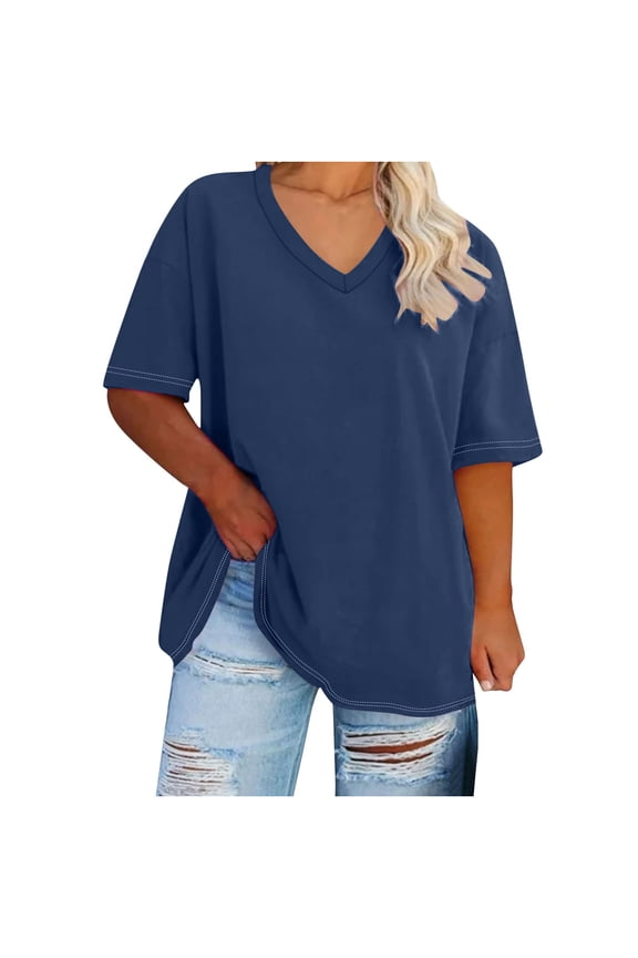 Women's Solid Color Loose Pullover Dressy Short Sleeve Basic Tees Fashion Workout Summer Plus Size Tops V Neck Blouses Casual Tunic Retro Activewear Blue XXXL