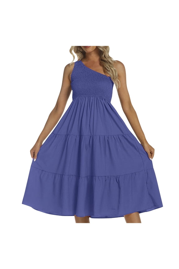 Women's Drop Waist Tiered Sleeveless Tea Length A Line Dress Elegant Casual Ruffle Flowy One Shoulder Elastic Beach Sundress Dress for Girls Blue L