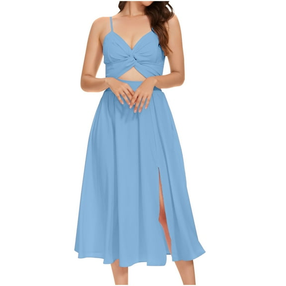 ATOYSOY Women's Sleeveless Elegant Casual Spaghetti Strap Cutout Retro Tea Length A Line Split Dress High Waist V Neck Beach Sundress Workout Dress for Girls Blue