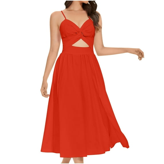 ATOYSOY Women's Sleeveless Elegant Casual Spaghetti Strap Cutout Retro V Neck Tea Length A Line Split Dress High Waist Beach Sundress Workout Dress for Girls Red
