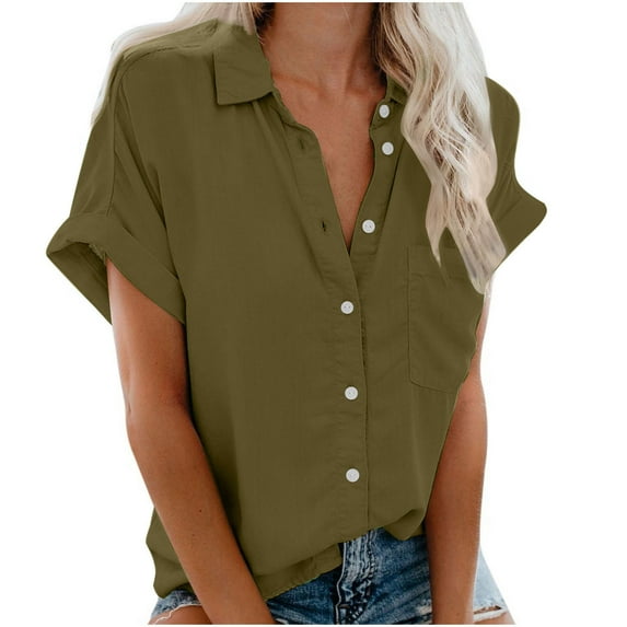 ATOYSOY Women's Summer Saving Solid Color Tees Short Sleeve Button T Shirts Retro Turn Down Collar Button Pullover Loose Shirts Trendy Causal Workout Comfy for Girls Green L