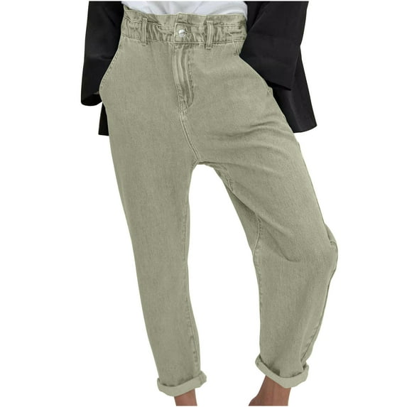 ATOYSOY Women's Summer Solid Color Denim Pants Sports Activewear Joggers Retro Casual Straight Leg Jeans Pants High Waist Button Workout Loose Trousers Green L