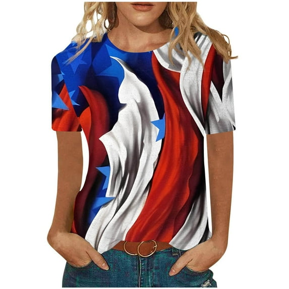 ATOYSOY Women's Summer Tops Fashion Workout Pullover Short Sleeve Patriotic Shirts Star Flag Graphic Independence Day Loose Retro Activewear Causal July 4th Saving Girls Red XXL