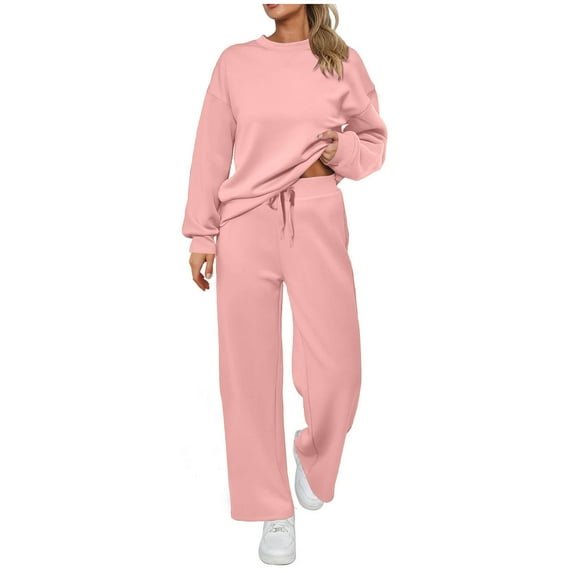 ATOYSOY Women's Sweat Suits Pants Loose Outfits for Ladies 2 Piece Lounge Sets Crew Neck Sweatshirts Activewear Long Sleeve Tracksuits Casual Solid Color Pink S
