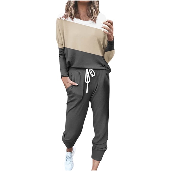 ATOYSOY Women's Sweatsuits Two Piece Outfits Activewear Round Neck Lounge Sets Pajamas Fall Casual Tops Drawstring Joggers Pants Color Blocked Tracksuits Yellow S