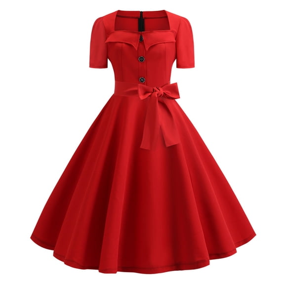 ATOYSOY Women's Tea Length A Line Bowknot Dress Summer Sundress Square Neck Button Boho Beach Trendy Workout Retro Short Sleeve Elegant Cocktail Party Flowy Red