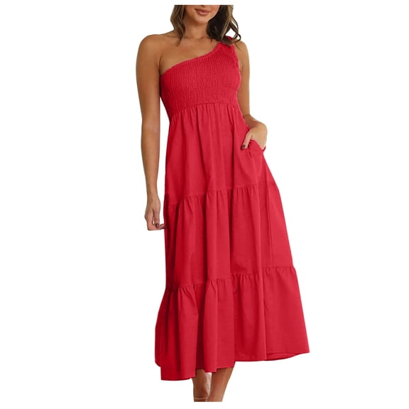 ATOYSOY Women's Tea Length A Line Dress Beach Sundress Drop Waist Tiered One Shoulder Elastic Sleeveless Elegant Casual Ruffle Flowy Dress for Girls