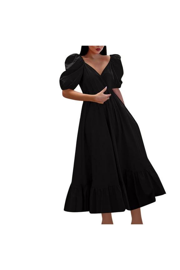 Women's Tea Length A Line Dress Ruffle Solid Color V Neck Boho Beach Short Sleeve Elegant Casual High Waist Trendy Workout Retro Summer Sundress Black