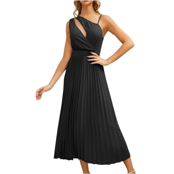 ATOYSOY Women's Tea Length A Line Dress Solid Color Pleated Retro One Shoulder Boho Beach Elegant Casual Pleated Cutout Trendy Workout Sleeveless Summer Sundress Black