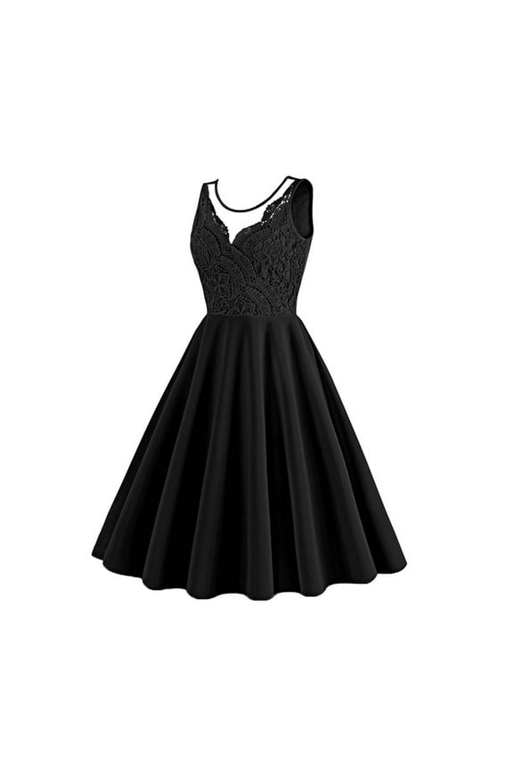 Women's Tea Length A Line Vintage Dress Lace Splicing Elegant Cocktail Party Flowy Retro Summer Sundress Sleeveless Trendy Workout V Neck Boho Beach Black