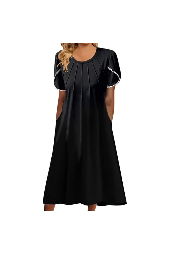 Women's Tea Length Loose Dress Home Solid Color Ruched Boho Beach Trendy Workout Retro Petal Sleeve Elegant Casual Relaxed Nighdress Summer Sundress Black
