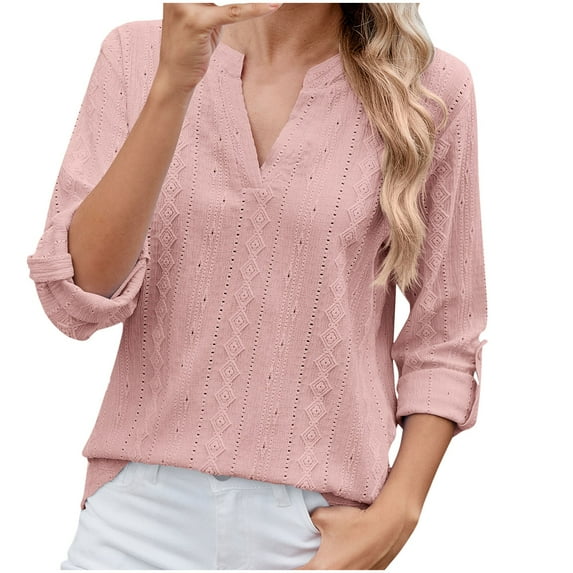 ATOYSOY Women's Tops Dressy Casual V Neck Long Sleeve Buttons Hollow Out Lace Embroidered Blouses Shirts Pink L