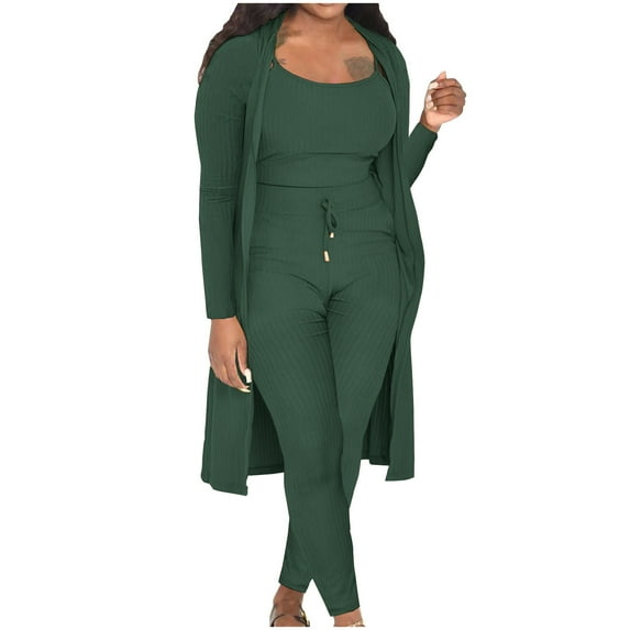 ATOYSOY Women's Trendy Pockets Tracksuits Knitted Tank Tops Skinny Pants Open Front Cardigans Fall Three Piece Ribbed Outfits Casual Long Sleeve Sweatsuits Green XXL