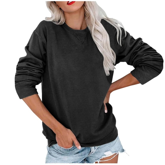 ATOYSOY Women's Trendy Solid Color Blouses Crew Neck Sweatshirts Fall Loose Basic Sweaters Tops Long Sleeve Tees Workout Relaxed Comfy Casual Black M