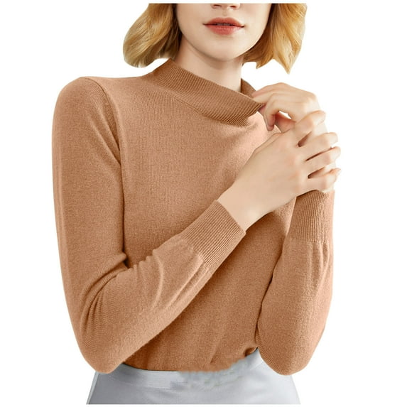 ATOYSOY Women's Trendy Solid Color Blouses Long Sleeve Pullovers Slim Basic Tops Relaxed Workout Comfy Casual High Neck Sweatshirts Fall Brown XXL