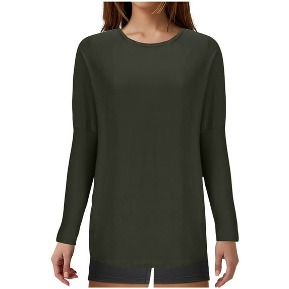 ATOYSOY Women's Trendy Solid Color Blouses Loose Basic Tops Workout Relaxed Comfy Casual Long Sleeve Tees Round Neck Shirts Fall Green M