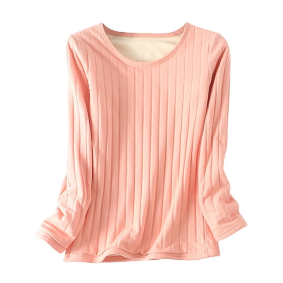 ATOYSOY Women's Trendy Solid Color Blouses Relaxed Comfy Casual Warm Workout Round Neck Sweatshirts Fall Long Sleeve Cotton Lined Tees Winter Thicken Basic Tops Pink XL
