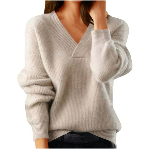 ATOYSOY Women's Trendy Solid Color Blouses V Neck Sweatshirts Fall Loose Basic Sweaters Tops Workout Relaxed Comfy Casual Knitted Long Sleeve Tees Beige M