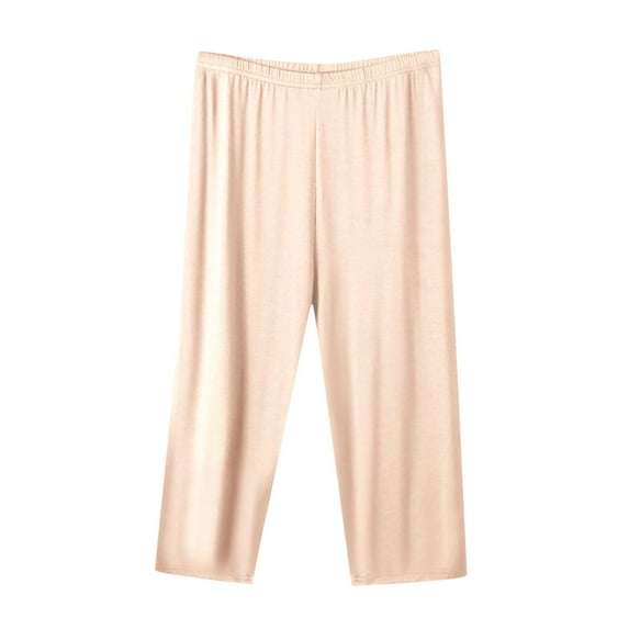 ATOYSOY Women's Trendy Solid Color Lounge Pants Elastic Waist Cropped Plus Size Casual Cotton Lined Capris Pants Workout Loose Trousers Sports Pajamas Summer Beige XXXXXXXL