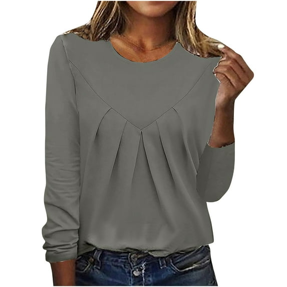 ATOYSOY Women's Trendy Solid Color Pleated Blouses Round Neck Shirts Fall Loose Basic Tops Workout Comfy Casual Patchwork Relaxed Long Sleeve Pullovers Gray L