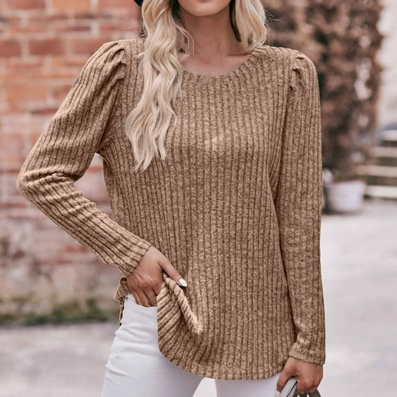 ATOYSOY Women's Trendy Solid Color Ruched Blouses Loose Basic Ribbed Tops Relaxed Workout Comfy Casual Knitted Long Sleeve Pullovers Round Neck Shirts Fall Yellow S