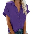 thumbnail image 1 of ATOYSOY Women's Trendy Solid Color Tees Short Sleeve Button T Shirts Retro Turn Down Collar Button Pullover Causal Workout Comfy Summer Saving Loose Shirts for Girls Purple XXXL, 1 of 5