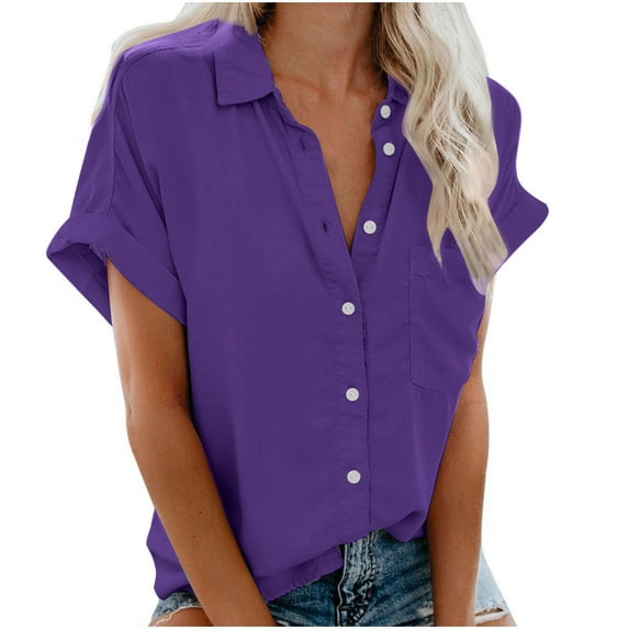 ATOYSOY Women's Trendy Solid Color Tees Short Sleeve Button T Shirts Retro Turn Down Collar Button Pullover Causal Workout Comfy Summer Saving Loose Shirts for Girls Purple XXXL