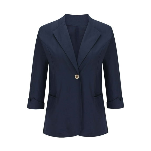 ATOYSOY Women's Trendy Solid Work Coat Plus Size Blazer Suit with Pockets Versatile Business Attire Casual Lined 3/4 Sleeve Button Front Cardigan Lapel Open Front Jacket Blue XXXXL