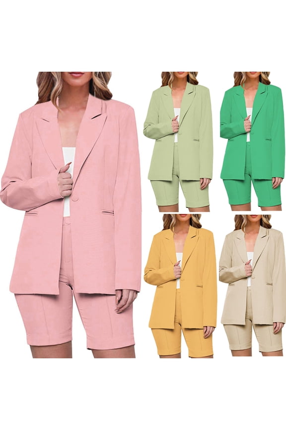 Women's Trendy Solid Work Coat Plus Size Blazer Suit Sets Dress Pants Shorts Business Attire Casual Outfits Lapel Open Front Jacket Long Sleeve Button Front Cardigan Beige L