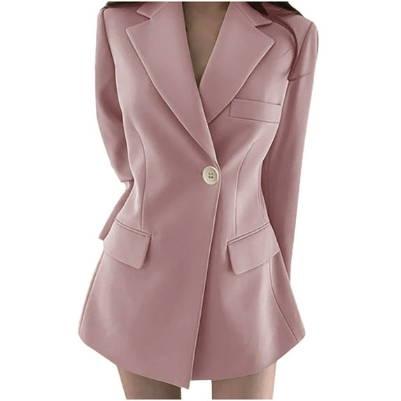 ATOYSOY Women's Trendy Solid Work Office Coat Lapel Open Front Jacket Plus Size Midi Dress Blazer Suit Versatile Long Sleeve Button Front Cardigan Business Attire Casual Pink M