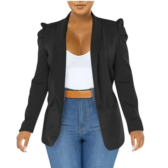 ATOYSOY Women's Trendy Solid Work Office Coat Puff Sleeve Cardigan Plus Size Blazer Suit with Pockets Versatile Lapel Open Front Jacket Business Attire Casual Black L