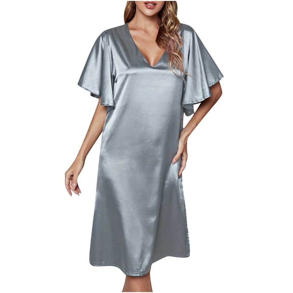ATOYSOY Women's Trendy Satin Silk Mini Loose Dress Sleepwear Retro Beach Sundress V Neck Casual Relaxed Nighdress Ruffle Sleeve Workout Dress for Girls Gray