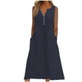 thumbnail image 1 of ATOYSOY Women's Trendy Summer Saving Solid Color Sleeveless Button V Neck Pockets Elegant Casual Eyelet Retro Tea Length A Line Dress Beach Sundress Dress for Girls Navy M, 1 of 5