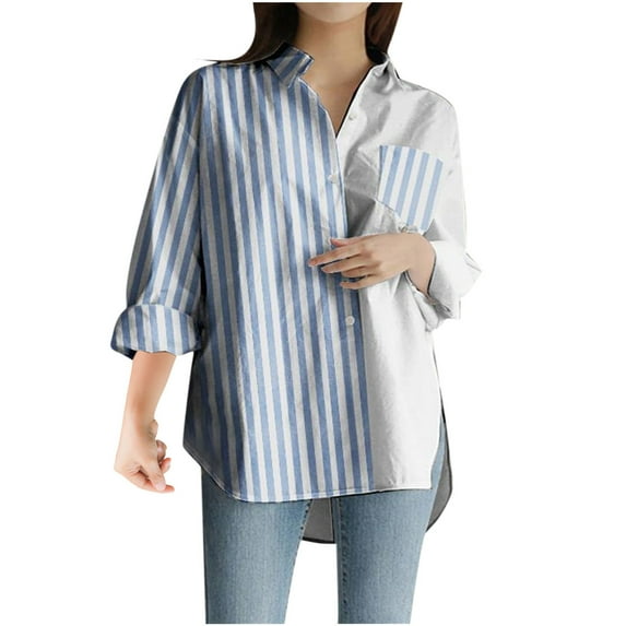 ATOYSOY Women's Turn Down Collar V Neck Tops Fall Loose Shirts with Pockets Striped Color Block Pullovers Workout Casual Trendy Sewatshirts Long Sleeve Blouses Spring Blue XL