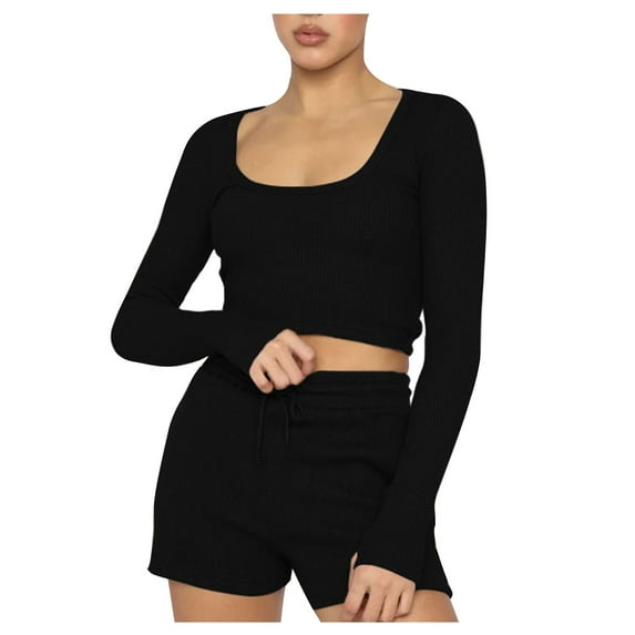 ATOYSOY Women's Two Piece Cotton Lined Outfits Pajamas Trendy Long Sleeve Sweatsuits Square Neck Lounge Sets Fall Casual Tracksuits Loose Crop Tops Shorts Black XL