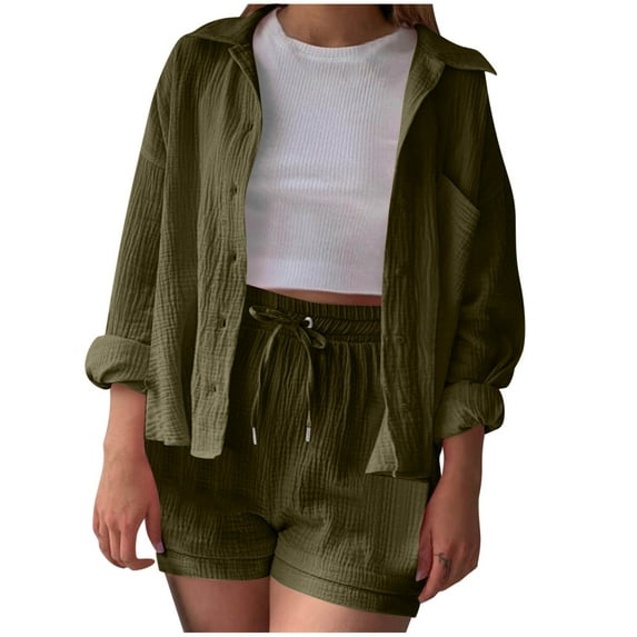 ATOYSOY Women's Two Piece Outfits Activewear Trendy Turn Down Collar Jackets Fall Loose Tops Drawstring Shorts Lined Tracksuits Long Sleeve Sweatsuits Casual Green M