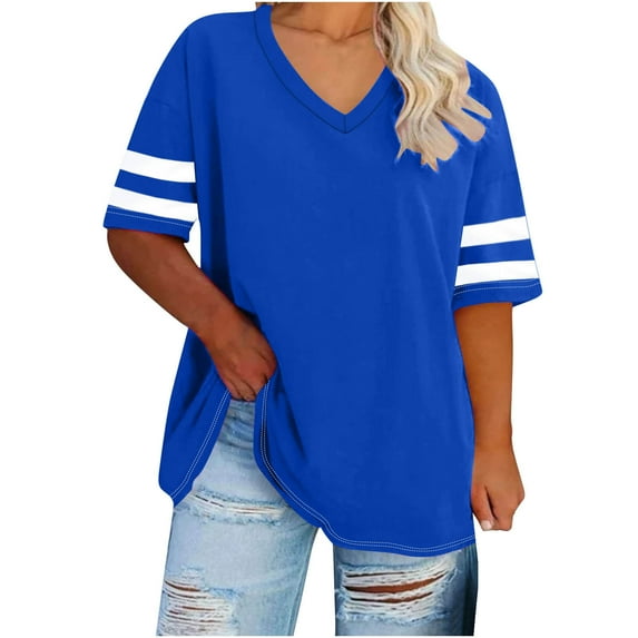 ATOYSOY Women's V Neck Blouses Summer Plus Size Raglan Tops Color Block Loose Pullover Dressy Fashion Workout Short Sleeve Basic Tees Casual Tunic Activewear Blue XXL