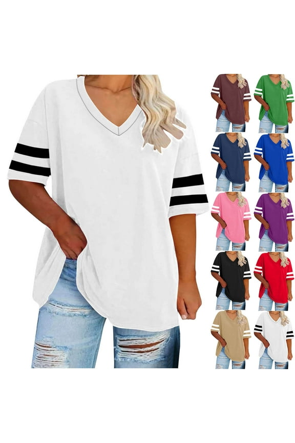 Women's V Neck Blouses Summer Plus Size Raglan Tops Color Block Loose Pullover Dressy Workout Short Sleeve Basic Tees Casual Tunic Activewear Brown XXXXL
