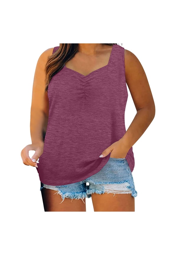 Women's V Neck Blouses Summer Plus Size Tank Tops Sleeveless Basic Tees Activewear Fashion Workout Casual Pleated Tunic Solid Color Loose Pullover Dressy Red L