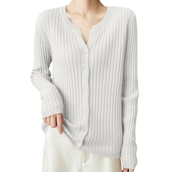 ATOYSOY Women's V Neck Button Ribbed Sweater Cardigan Long Sleeve Collar Slim Knitted Pullover Fall Winter White L