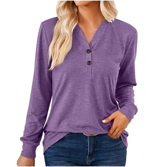 ATOYSOY Women's V Neck Button Sweatshirts Loose Tops Fashion Long Sleeve Shirts Winter Casual Blouse Workout Solid Color Pullover Spring Purple XXL